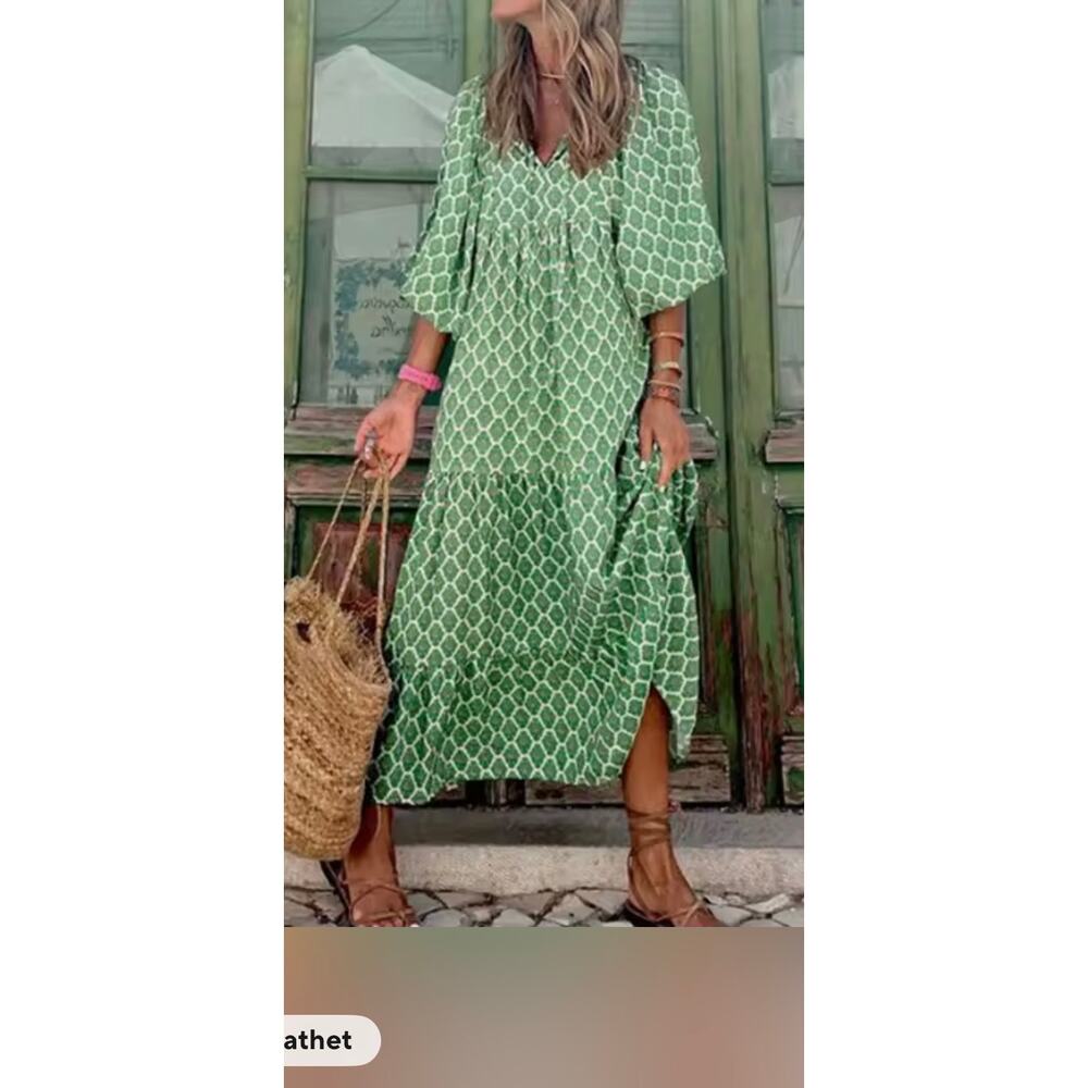 2X Green Geometric Maxi Dress Bubble Sleeve Tiered Boho Plus Size - Picture 10 of 12
